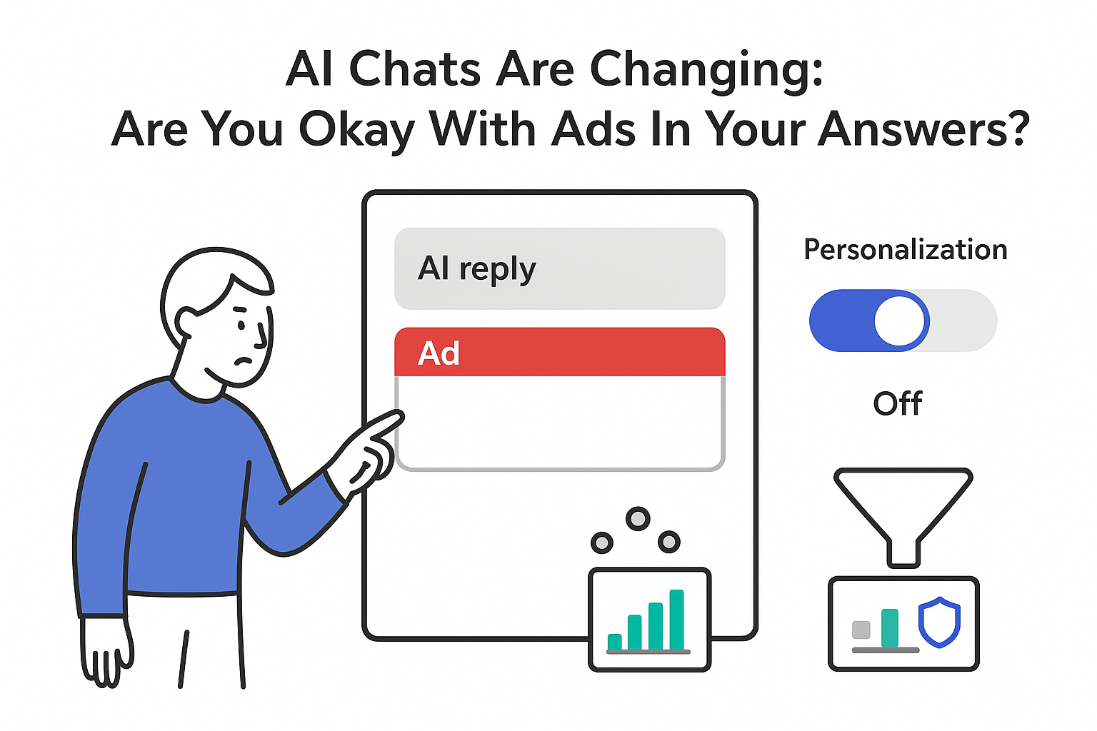 Minimalist illustration of AI chat window with labeled Ad tag personalization toggle and privacy shield