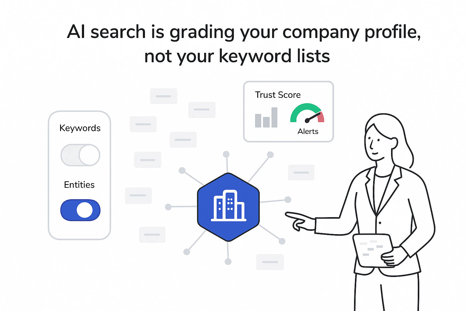 Minimalist AI illustration of search grading company profile with central entity node and trust score