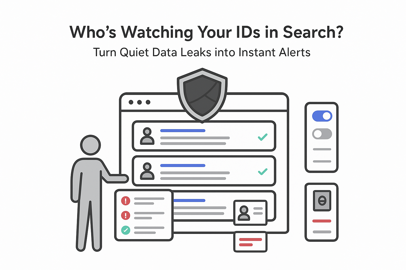 Minimalist privacy control center shield search results ID tiles passport license alerts toggles person
