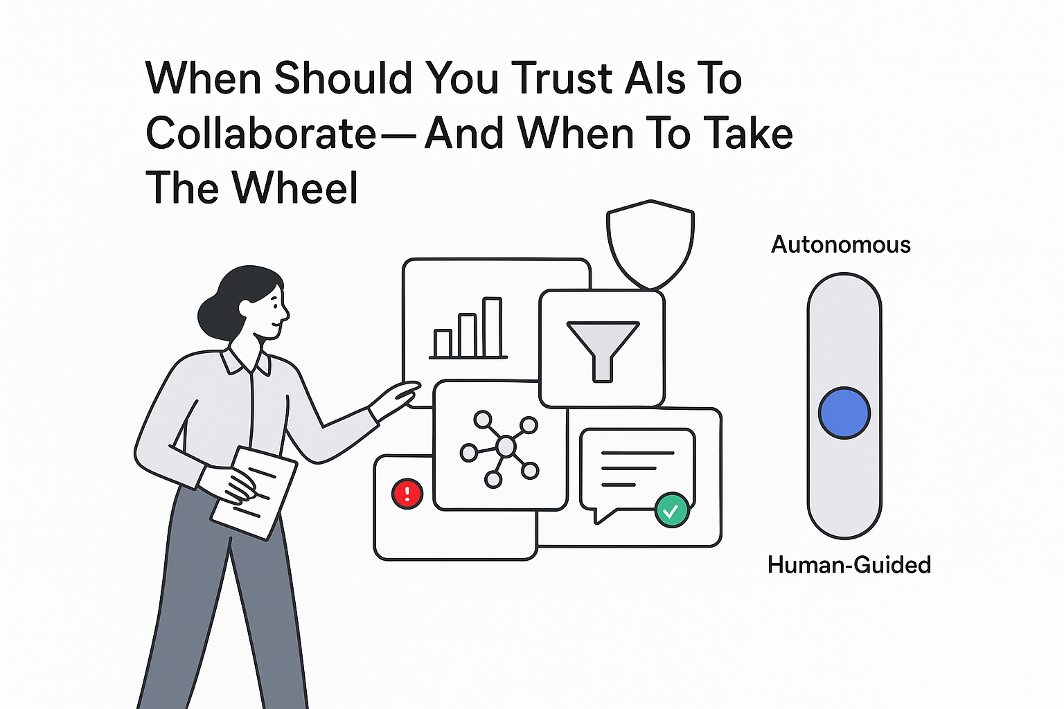 Minimalist tech illustration of group AI UI panels marketer adjusting toggle human guided trust shield