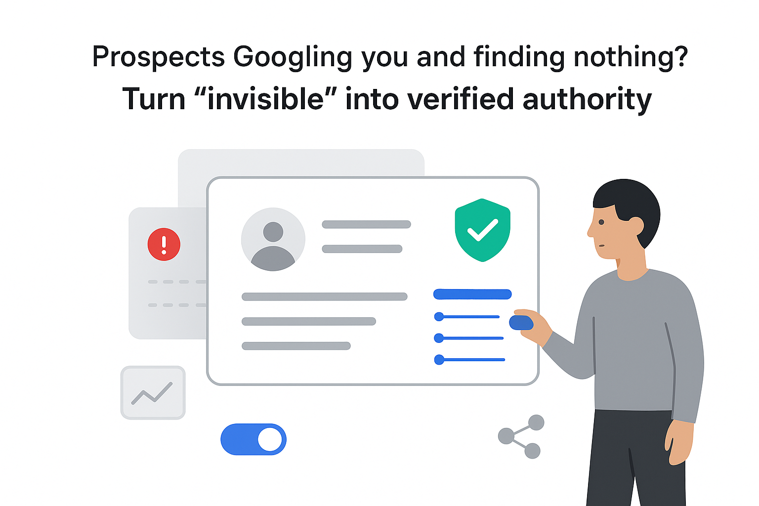 Minimalist tech illustration verified shield knowledge card founder tapping toggle analytics alert panel on white