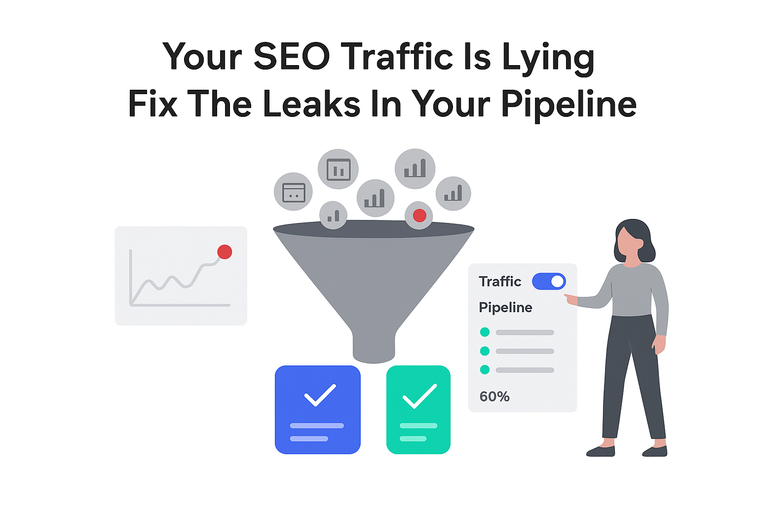 Minimalist funnel illustration converting traffic to pipeline deal cards with toggle and professional pointing