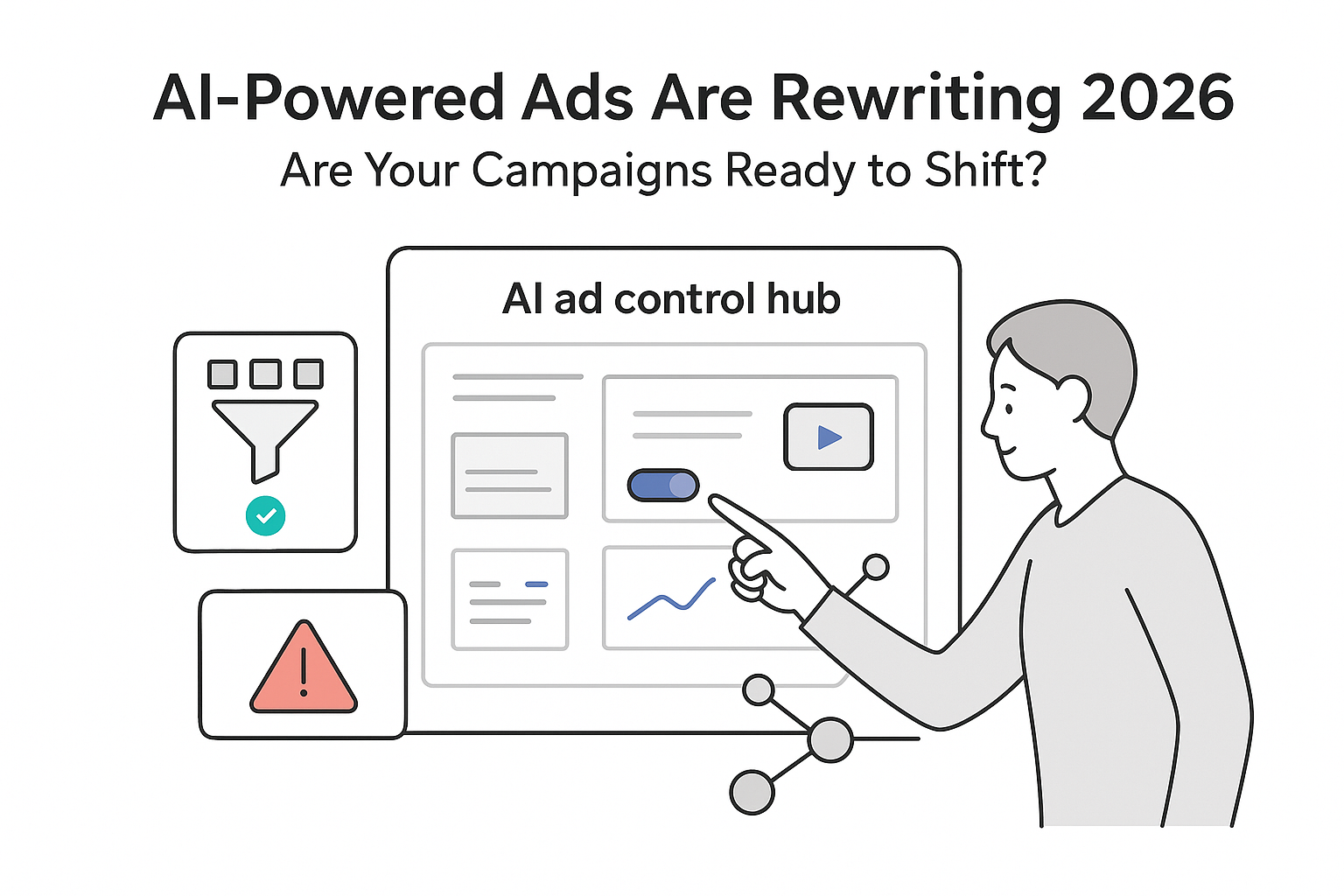 AI ad control hub dashboard shopping funnel creator collaboration risk alert user tapping toggle