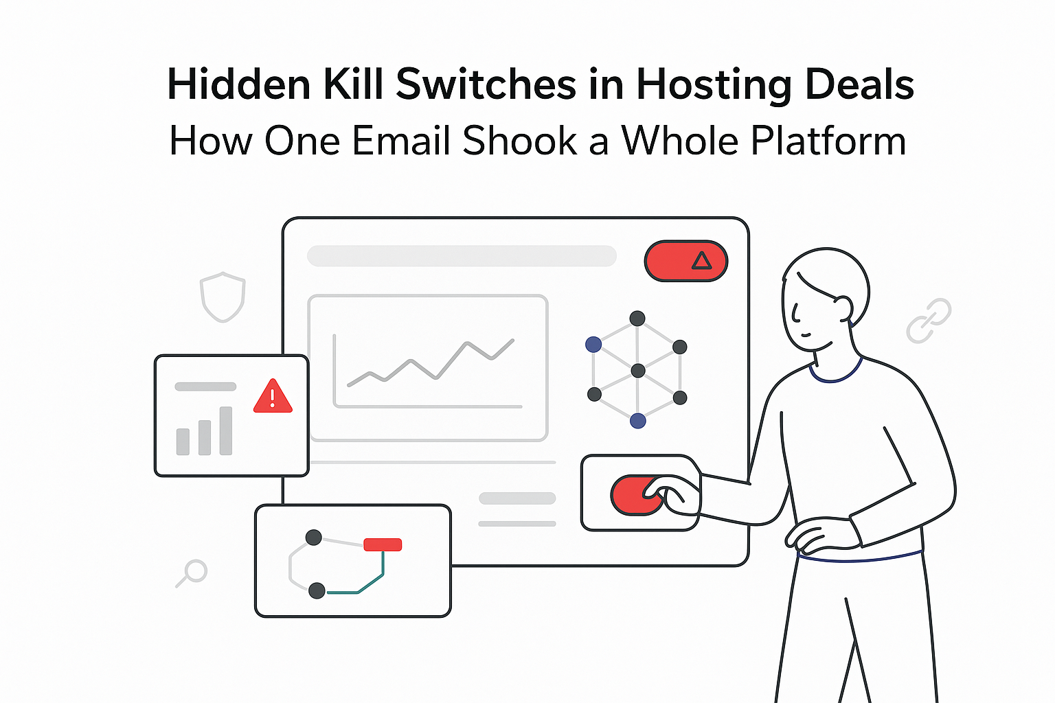 Hosting dashboard with red kill switch toggle warning icon and email triggered platform outage