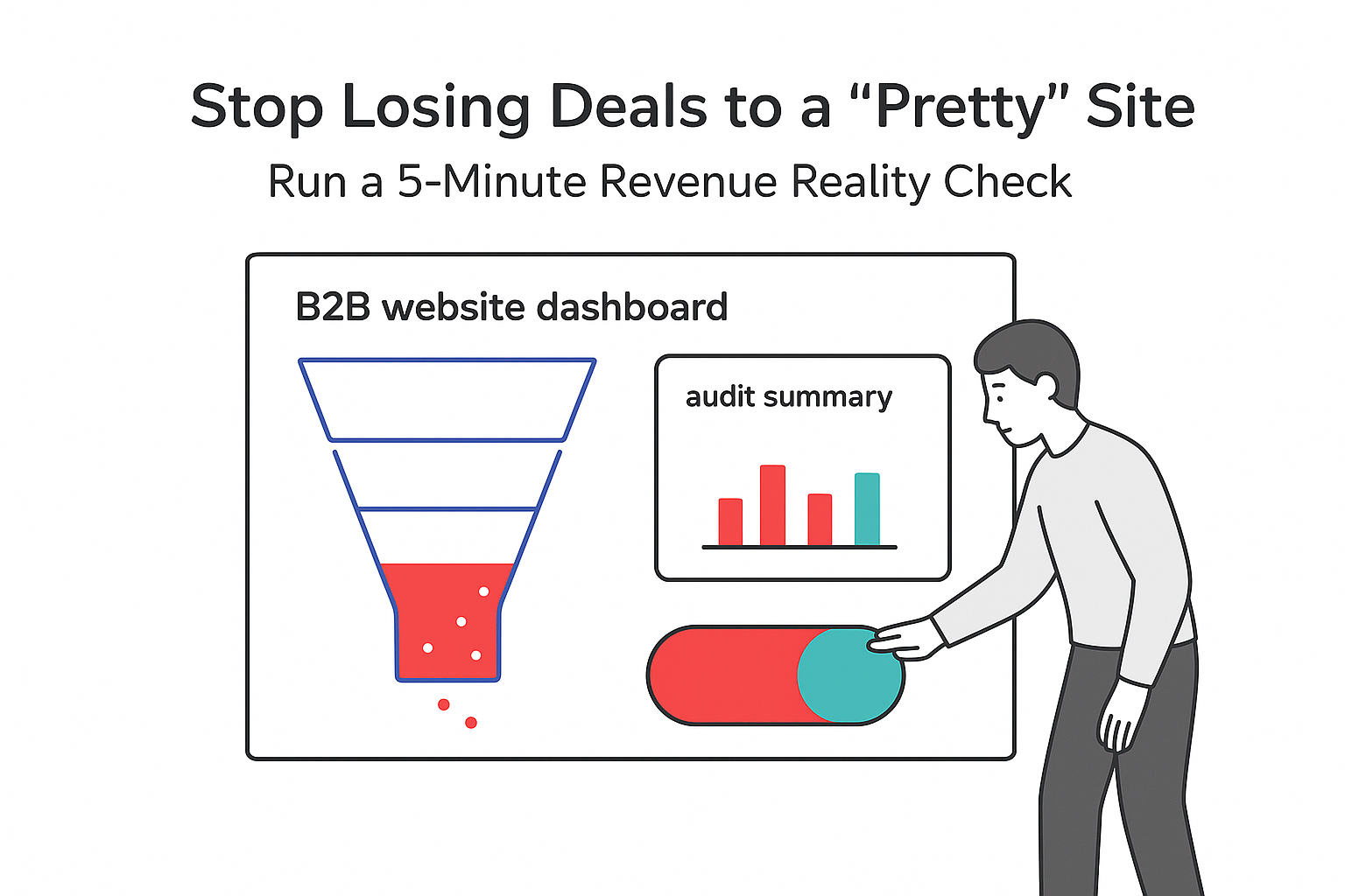 Minimalist B2B website dashboard showing funnel clogged red block audit summary toggle revenue reality check