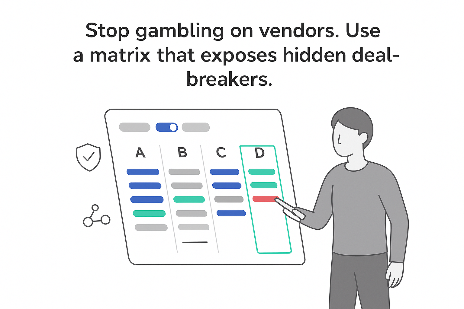 Tech minimalist comparison matrix vendor score bars red alert shield funnel analyst pointing highlighted column