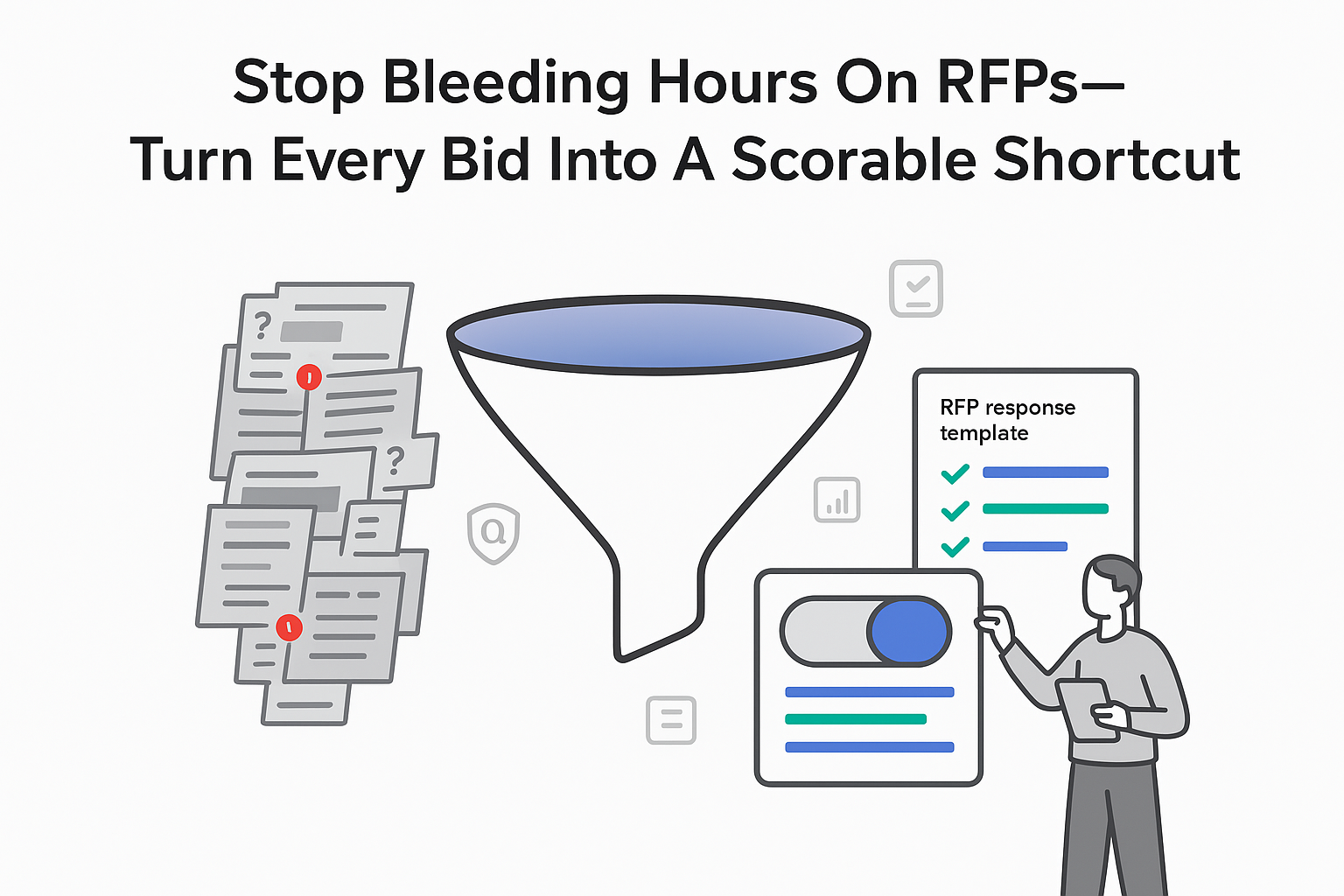 Minimalist vector of funnel converting messy RFPs into clean scorable RFP response dashboard template