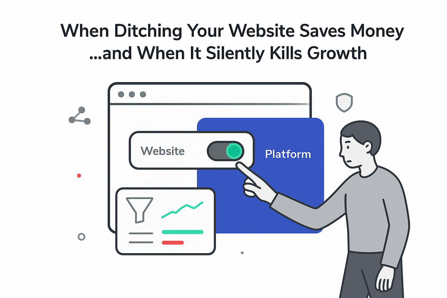 Minimalist tech illustration of person toggling between website and platform showing analytics and cost savings