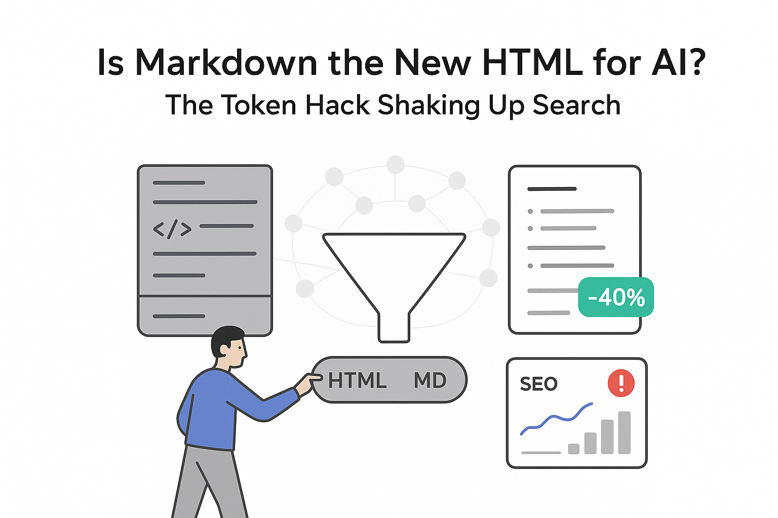 Minimalist content pipeline illustrating HTML versus Markdown funnel into AI token saving with SEO alert