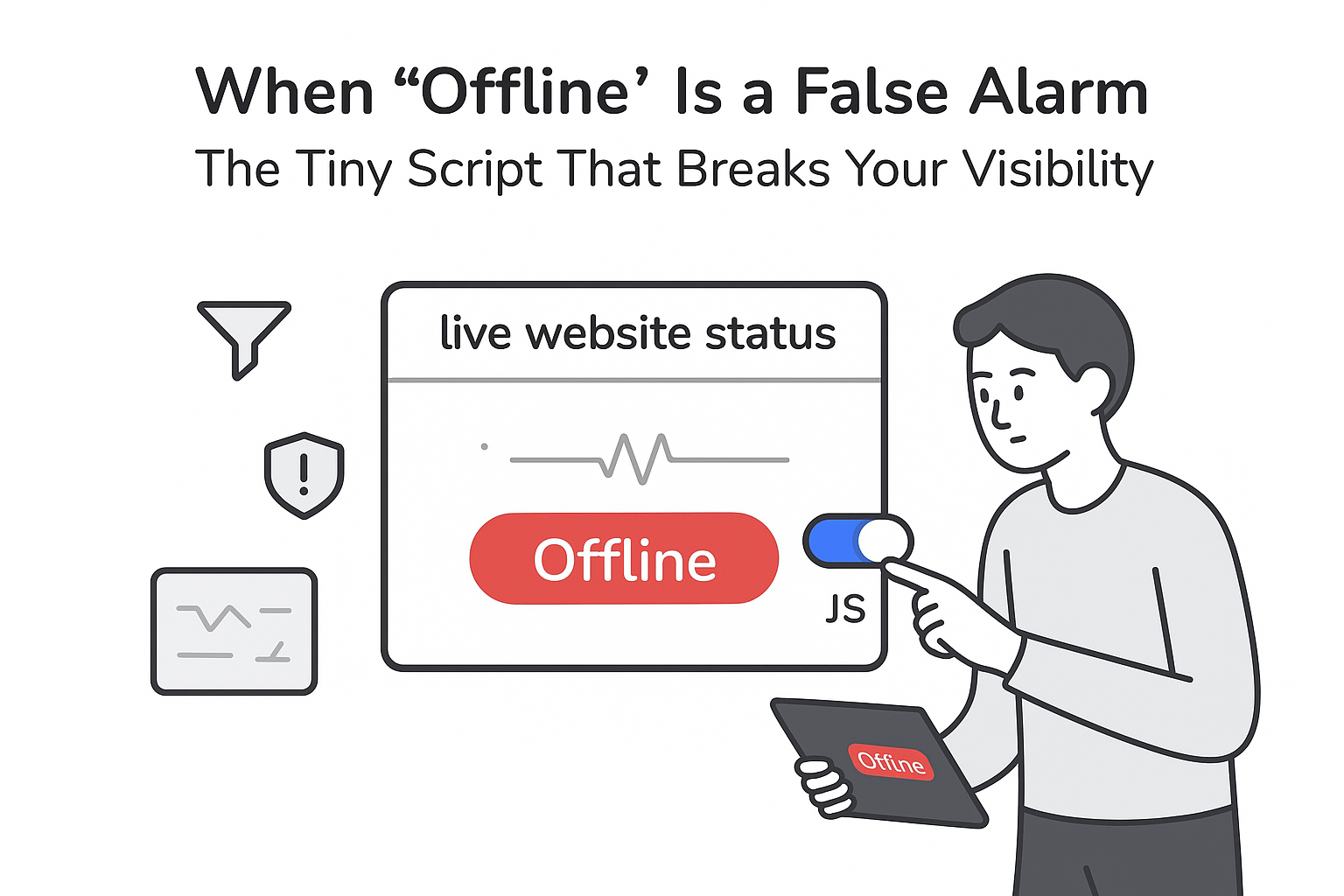 Minimalist illustration of website status panel Offline badge Live dot JS toggle with pointing person