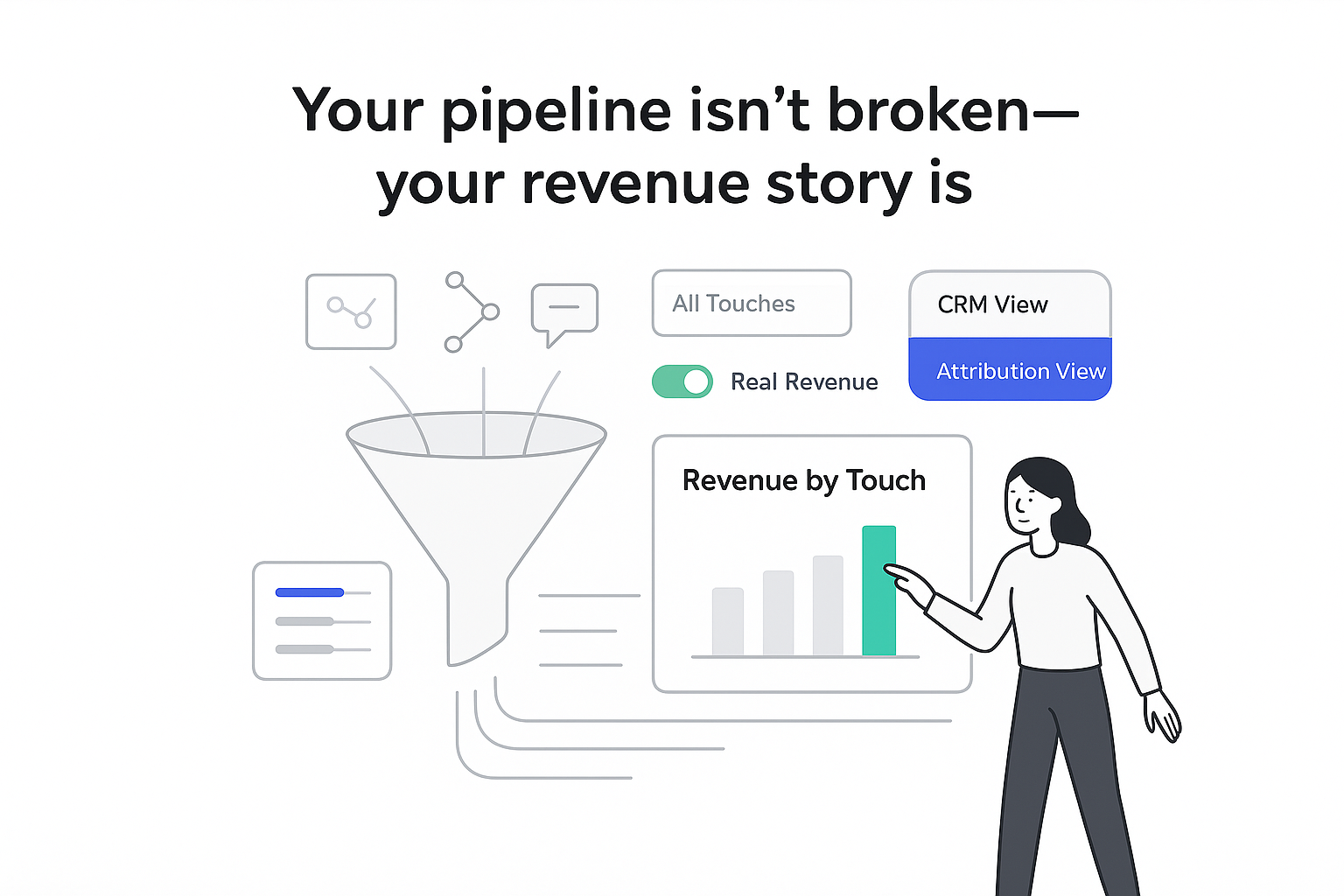 Minimalist B2B revenue attribution console with funnel panels and analyst pointing at green revenue bar
