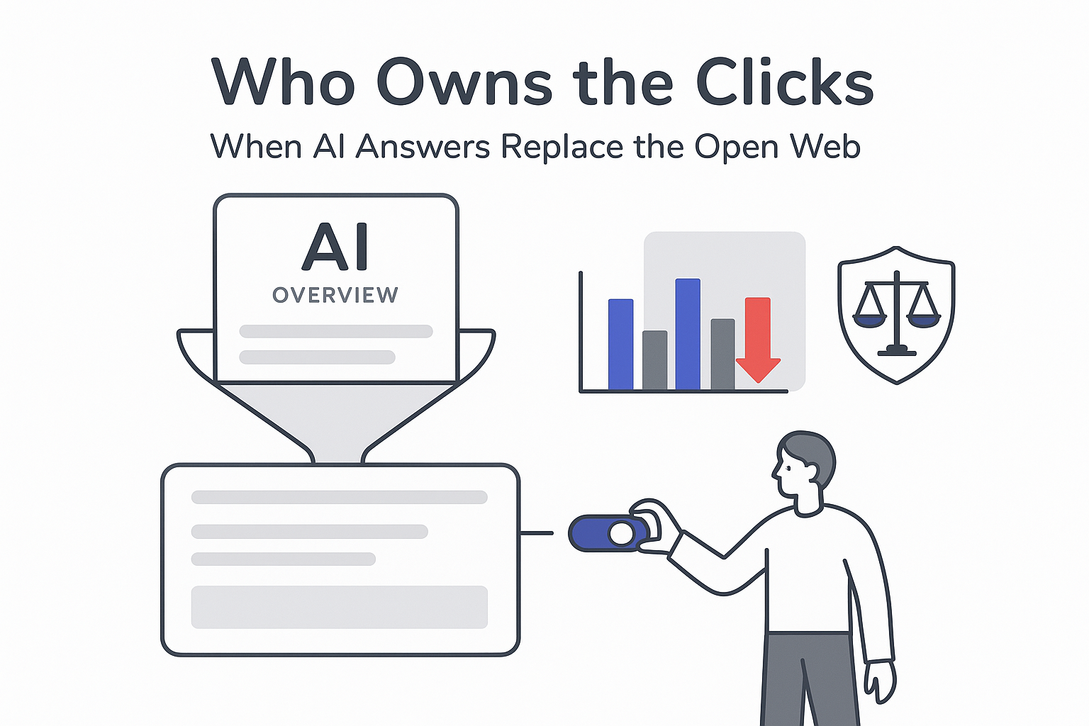 Minimalist illustration of AI funnel siphoning search results into ad revenue chart and regulatory shield