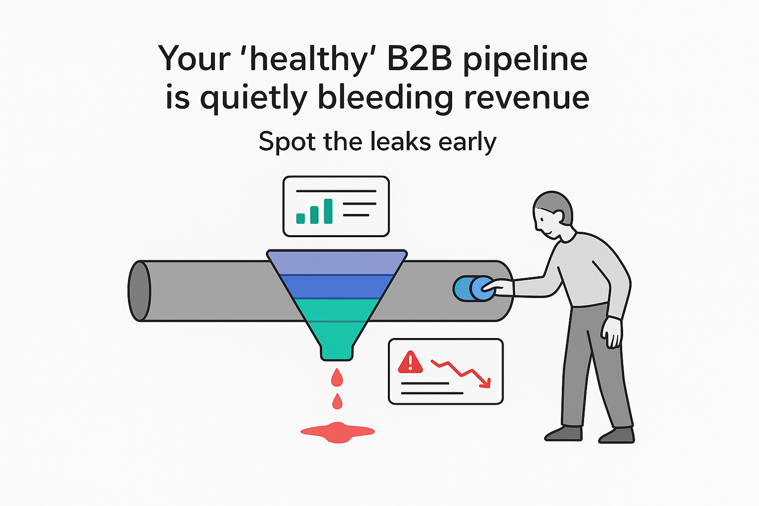 Minimalist B2B sales pipeline illustration showing revenue leak dashboard inspector toggling switch