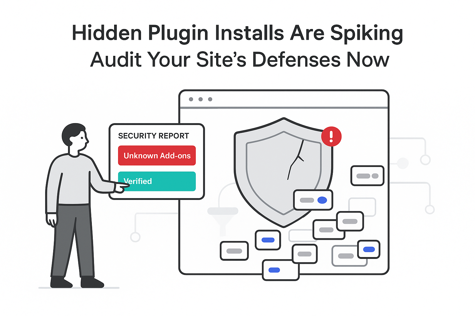 Hidden plugin installs spiking on website dashboard with cracked shield and security report