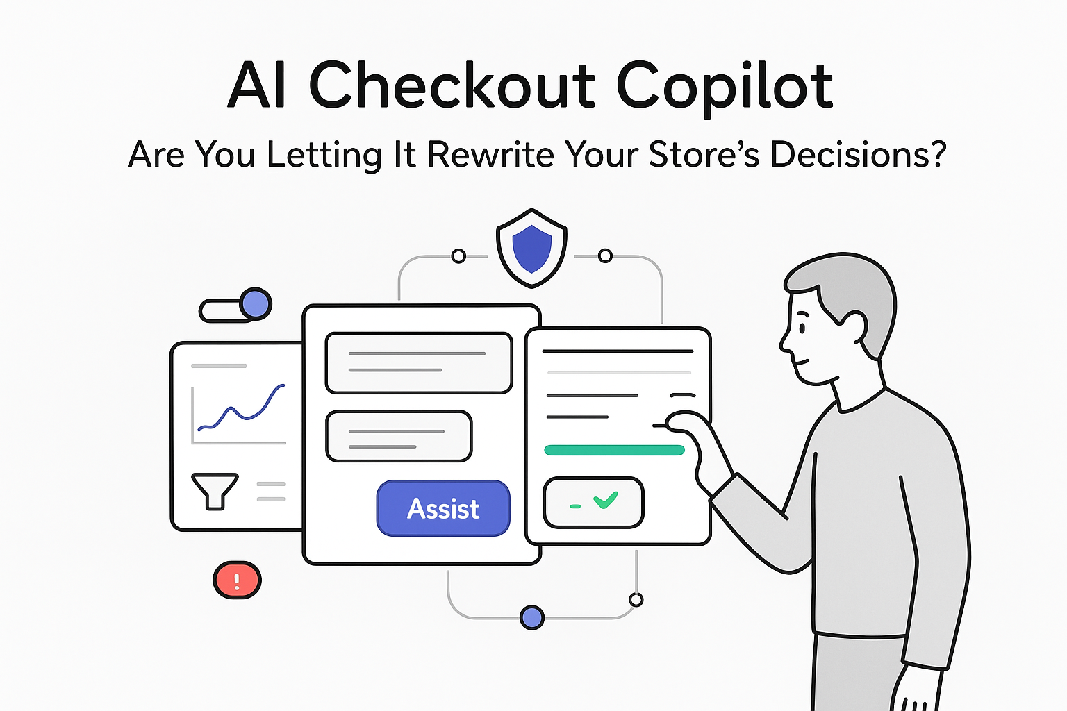 Minimalist illustration of AI checkout copilot hub with analytics chat checkout and person toggling switch