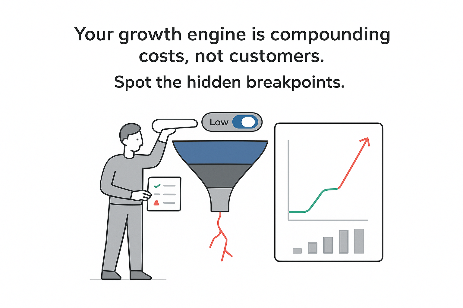 Minimalist CAC illustration showing growth engine funnel leak and rising cost line chart