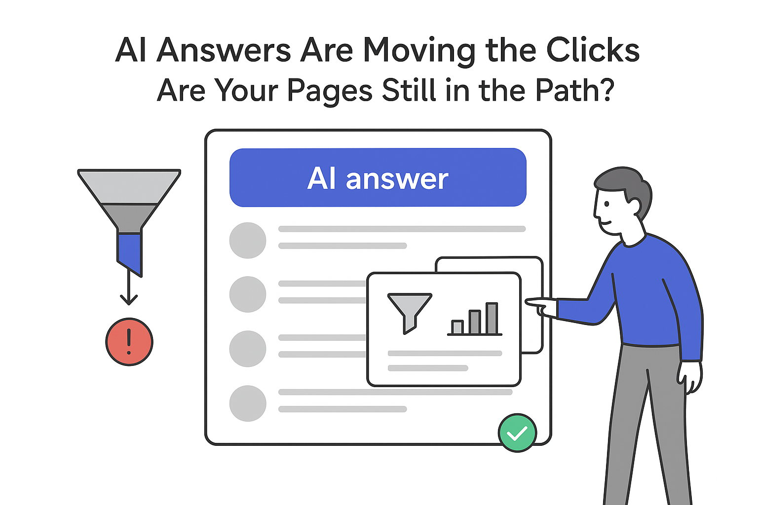 Minimalist tech illustration of AI answers search panel with funnel click flow and person pointing