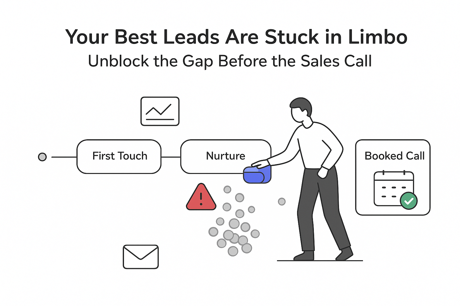B2B lead journey pipeline showing nurture stage bottleneck cleared to booked call person toggling switch