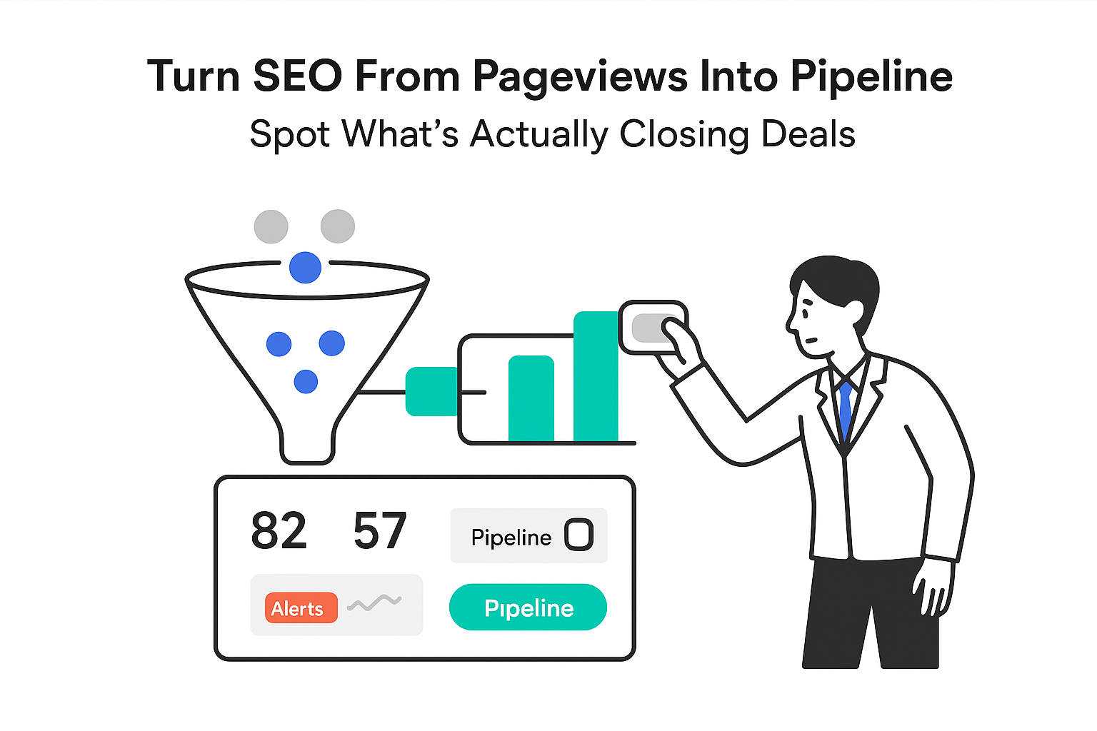 Minimalist SEO to pipeline B2B dashboard showing funnel feeding pipeline report with deals indicator