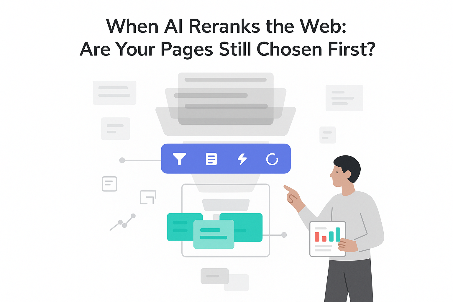 Minimalist illustration AI search engine reranking funnel with filters highlighted winning pages person reviewing report