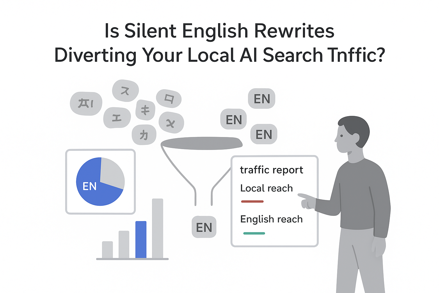 Minimalist tech illustration language funnel converting local queries to English analytics panels and human pointing