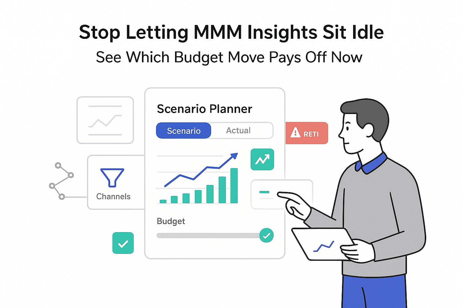 Minimalist Scenario Planner dashboard with charts toggle ROI badge alert ribbon and marketer reviewing tablet