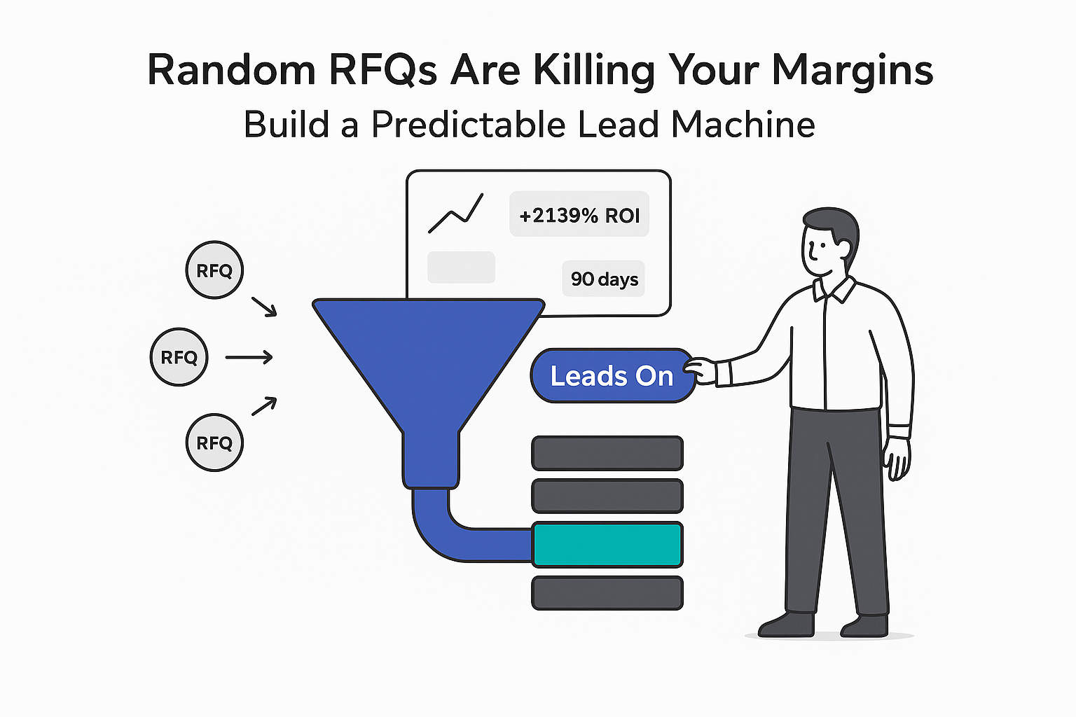 Minimalist funnel illustration showing RFQ nodes to organized sales pipeline with dashboard and manufacturing manager