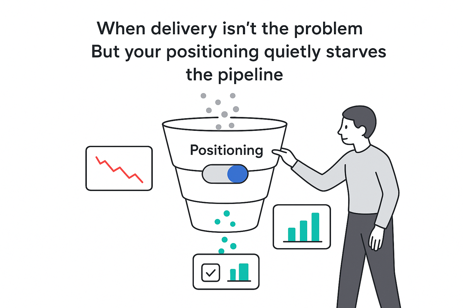 Minimalist tech illustration of sales funnel with positioning toggle gender neutral professional flipping improving pipeline