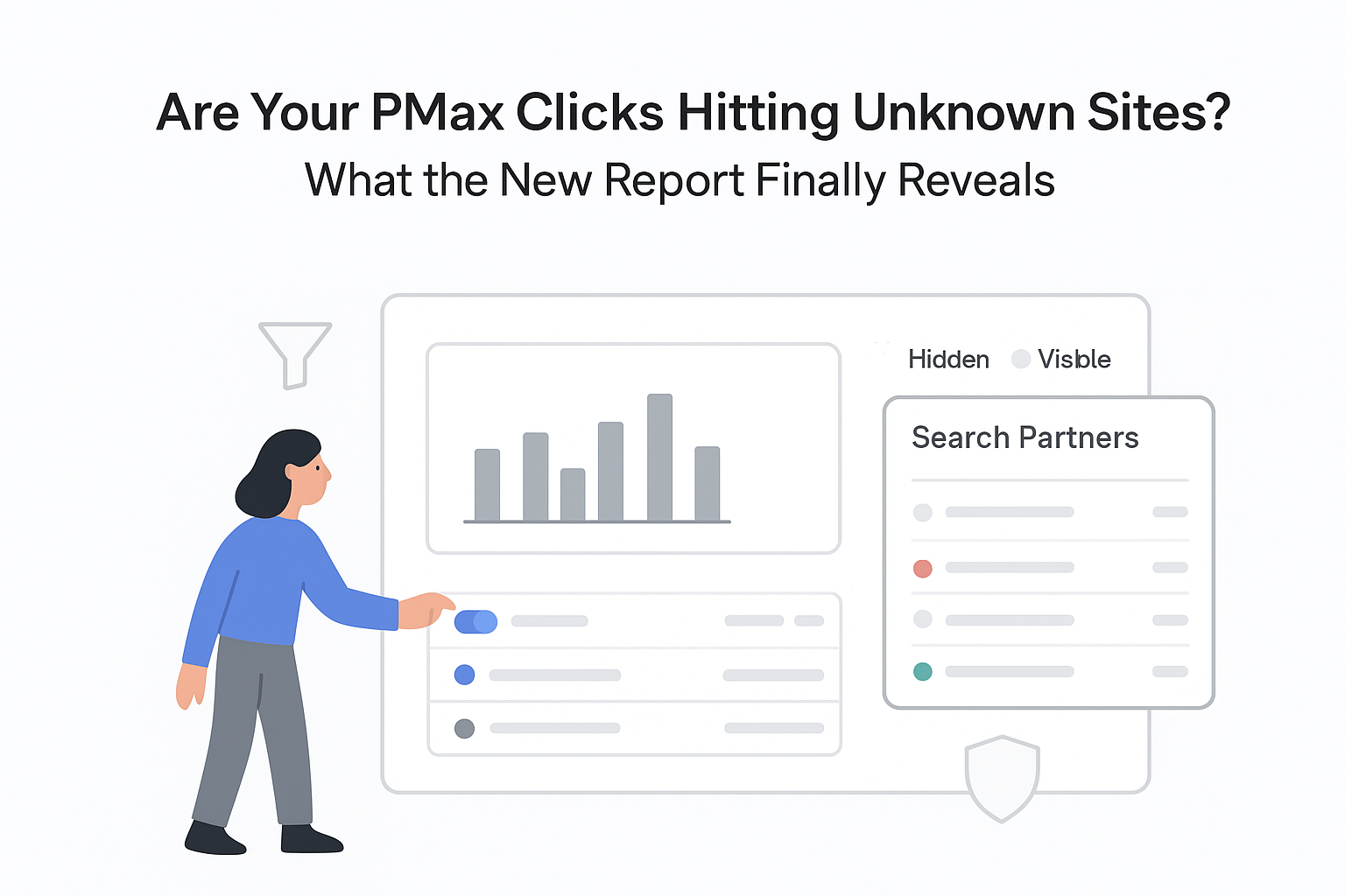 Minimalist analytics dashboard showing PMax clicks on unknown sites with risky and safe search partners