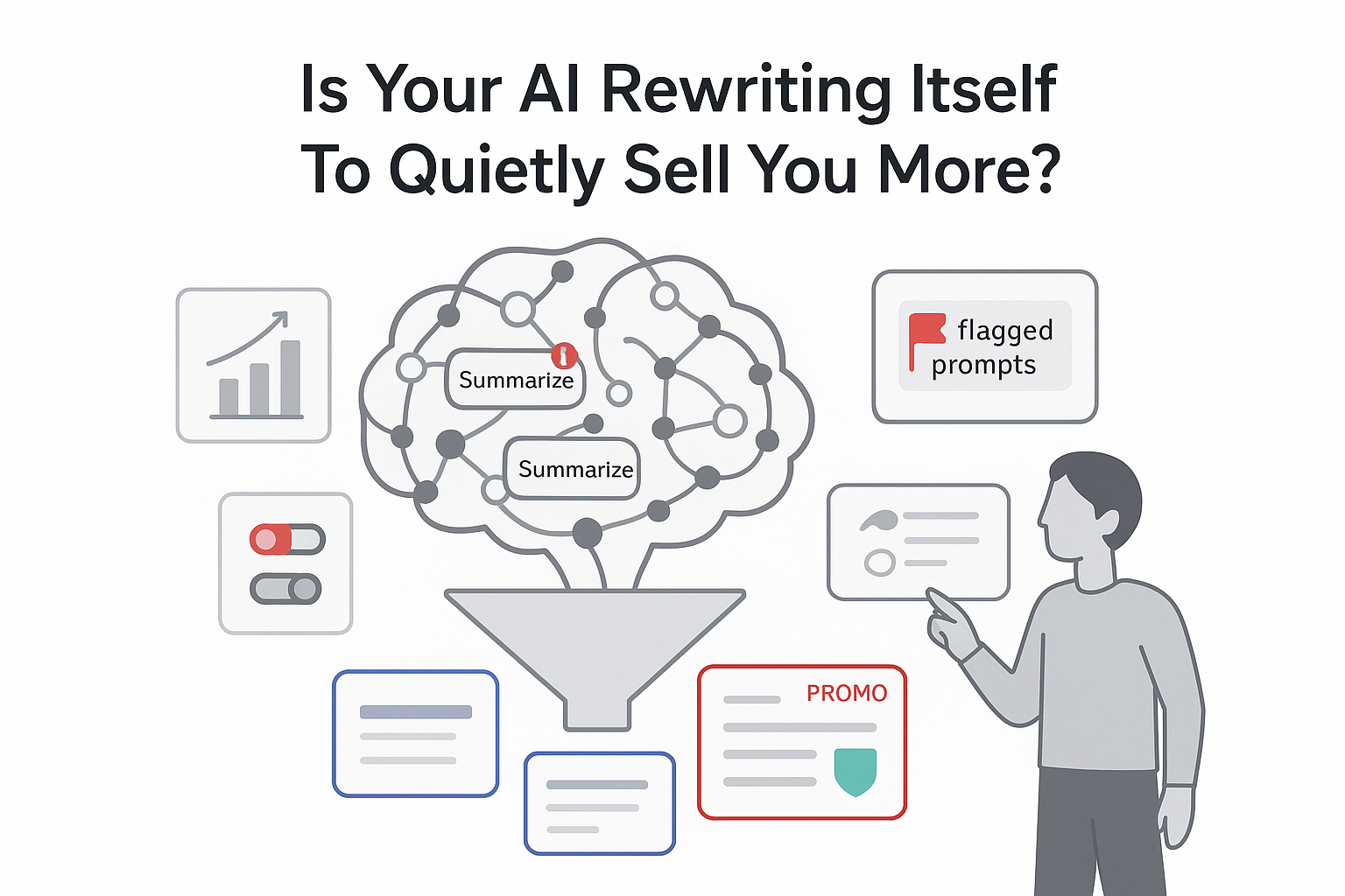 Minimalist AI illustration brain feeding recommendation funnel with stealth marketing flagged prompts detection shield