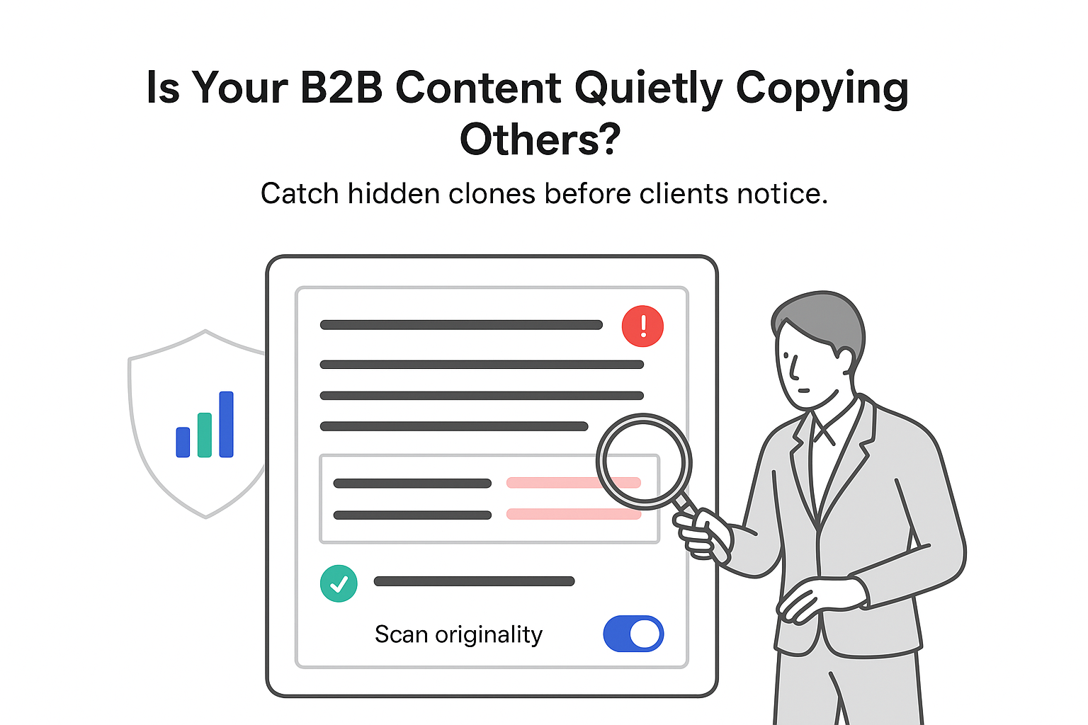 B2B content review dashboard finding hidden duplicate content with magnifying glass and originality scan