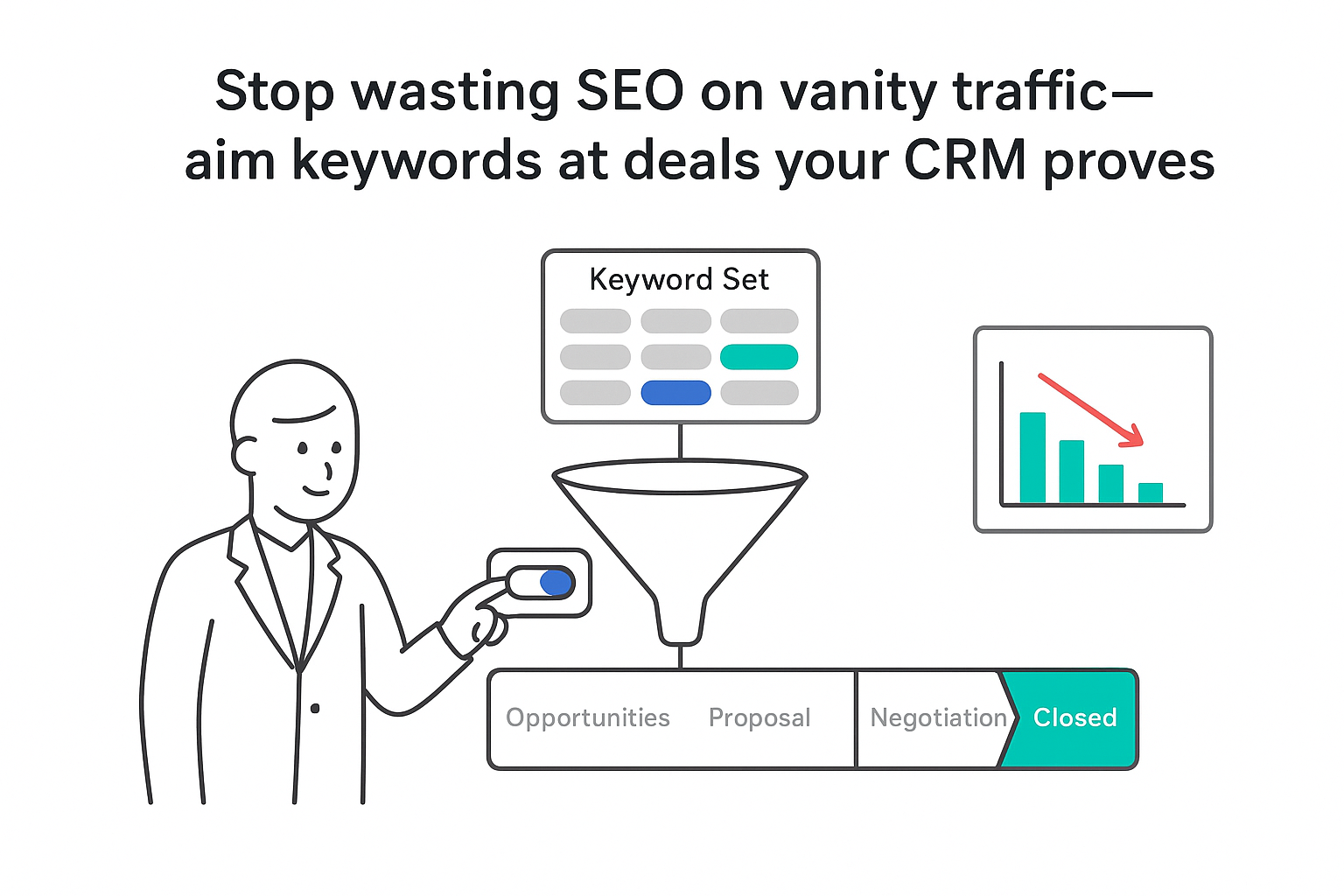 Minimalist B2B keyword to pipeline funnel CRM visualization with CEO toggling keywords