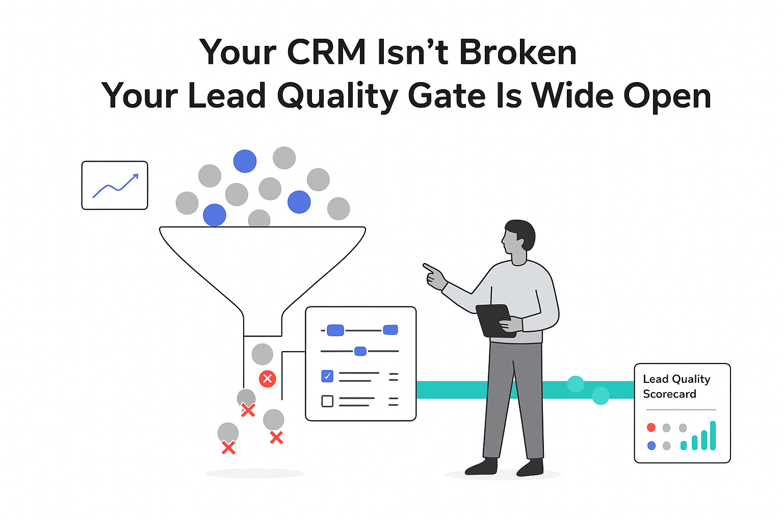 Minimalist tech vector of CRM lead quality gate funnel to pipeline with person tuning filter