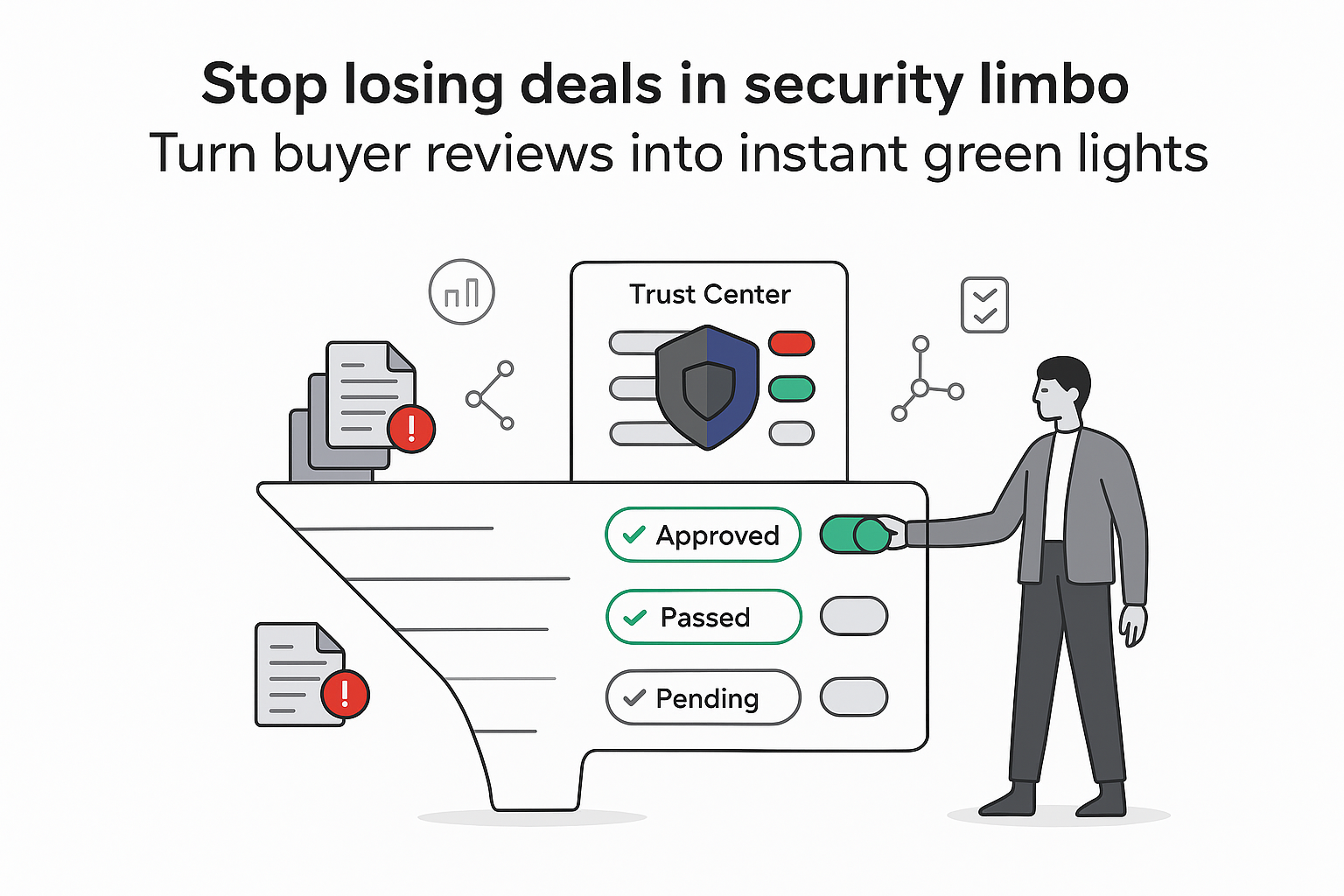 Minimalist trust center illustration showing security funnel turning document alerts into approved green checks