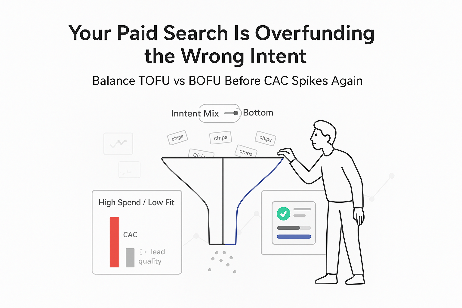 Minimalist tech illustration of paid search intent funnel with marketer adjusting intent mix toggle
