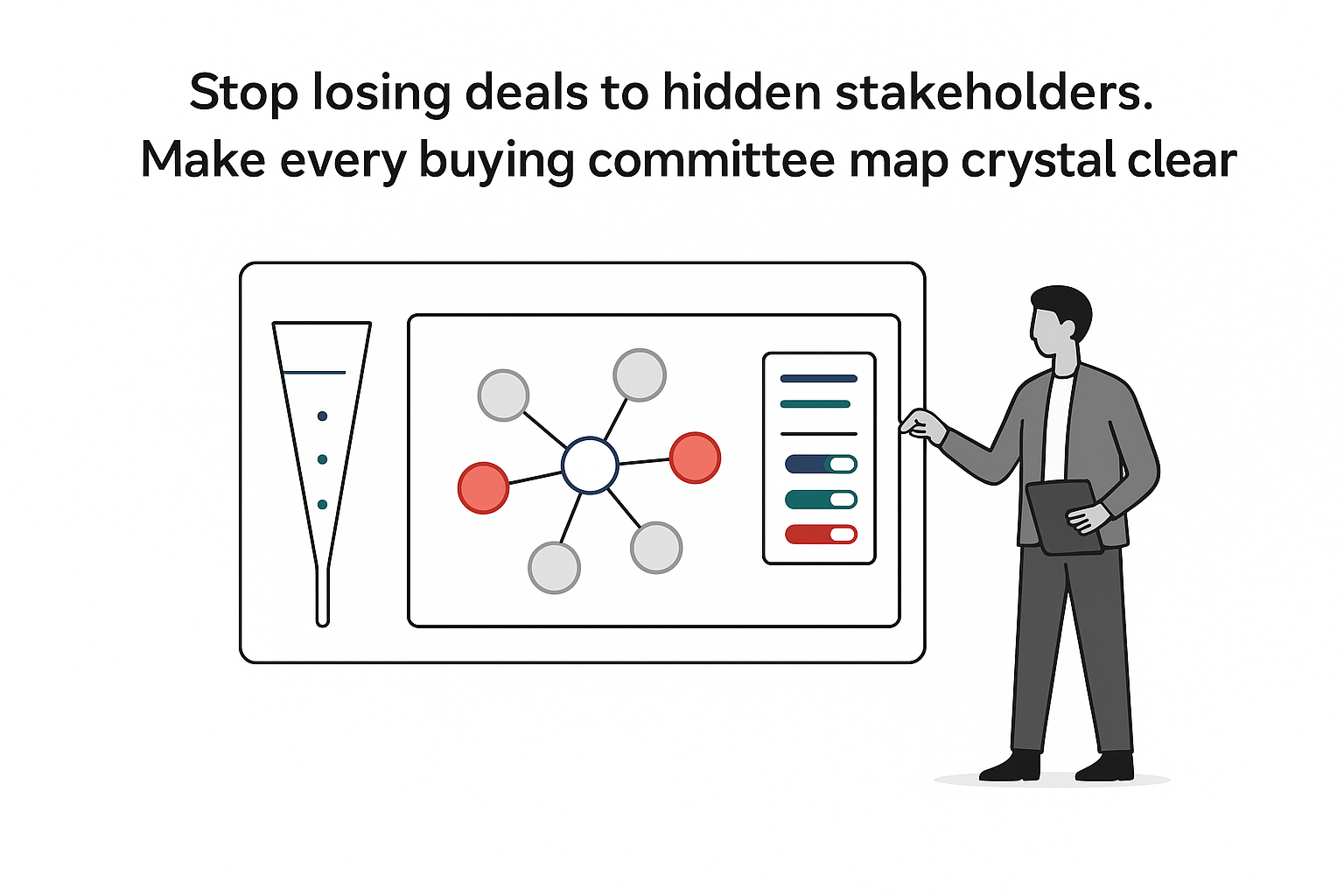 Minimalist vector dashboard showing buying committee stakeholder network funnel report card decision maker toggling