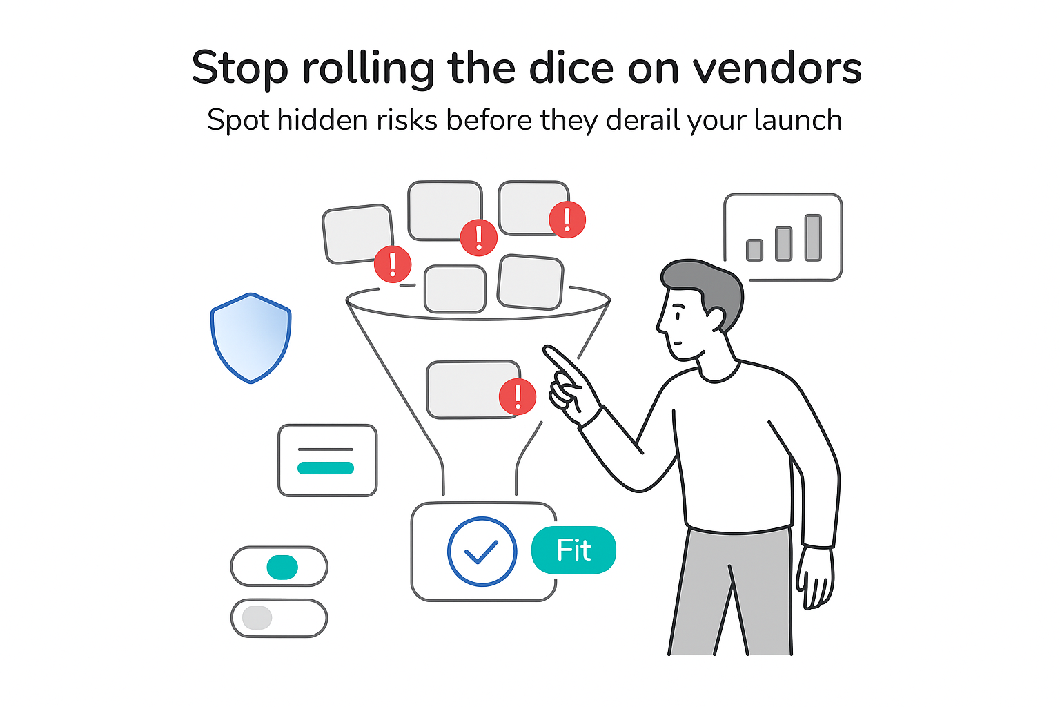 Minimalist tech illustration of vendor selection funnel with risk alerts and business person pointing