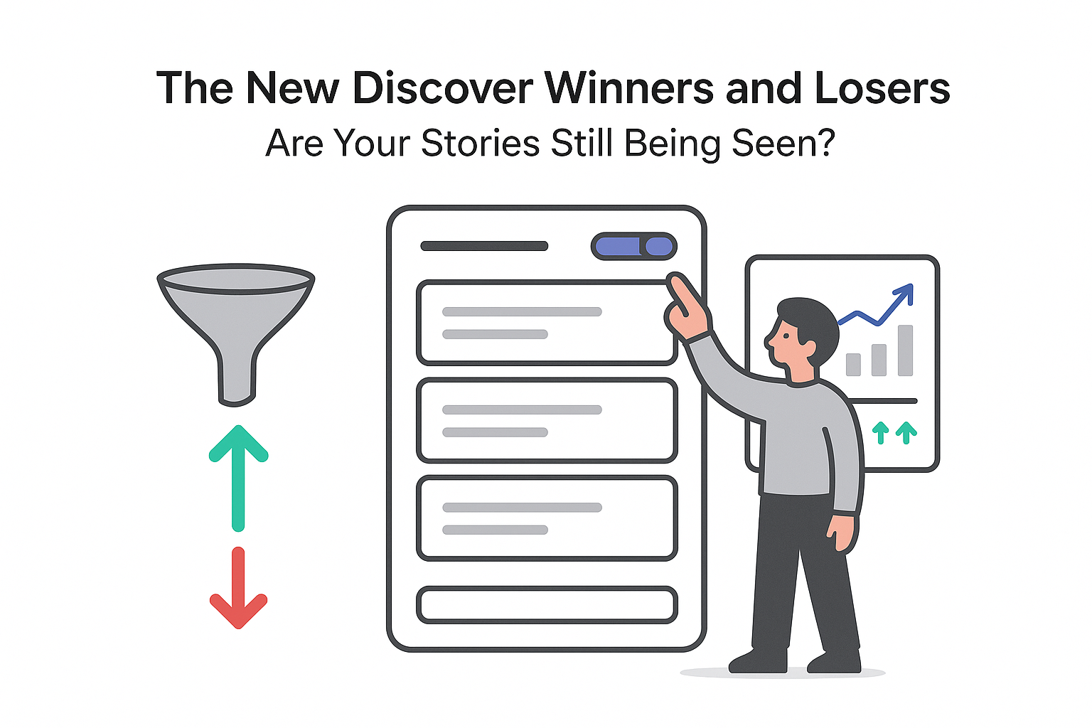 Minimalist tech illustration content feed funnel analytics algorithm slider person monitoring winners and losers