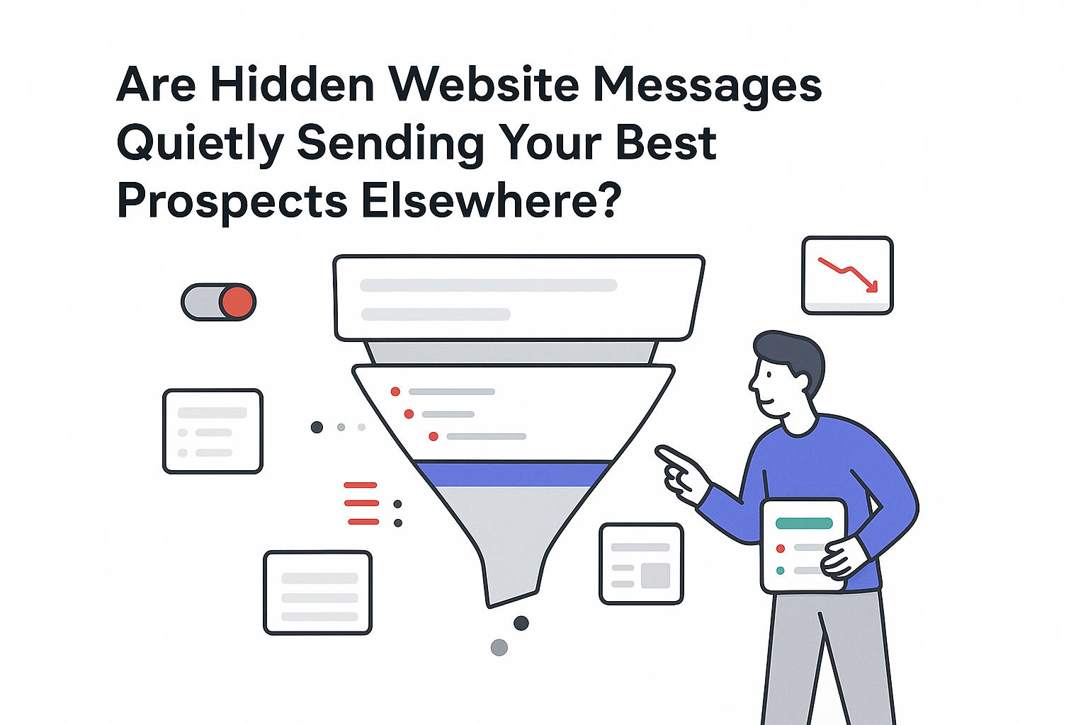 Minimalist B2B illustration of hidden website messages funnel with red alerts losing prospects
