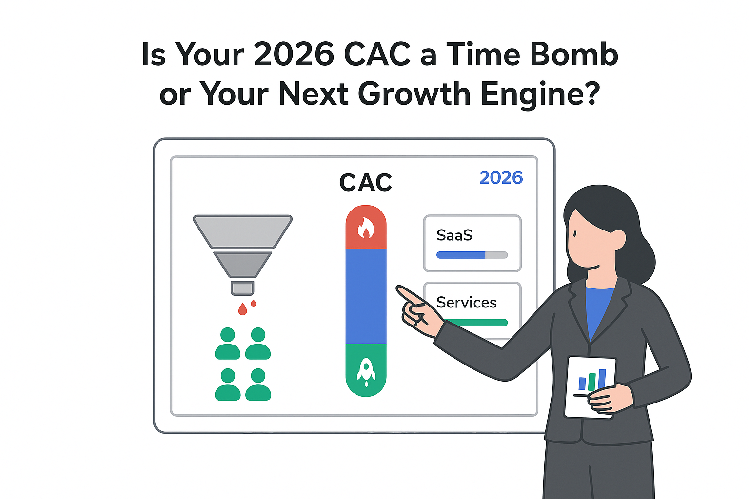 Minimalist B2B CAC control dashboard 2026 with vertical CAC gauge funnel leak benchmarks professional pointing