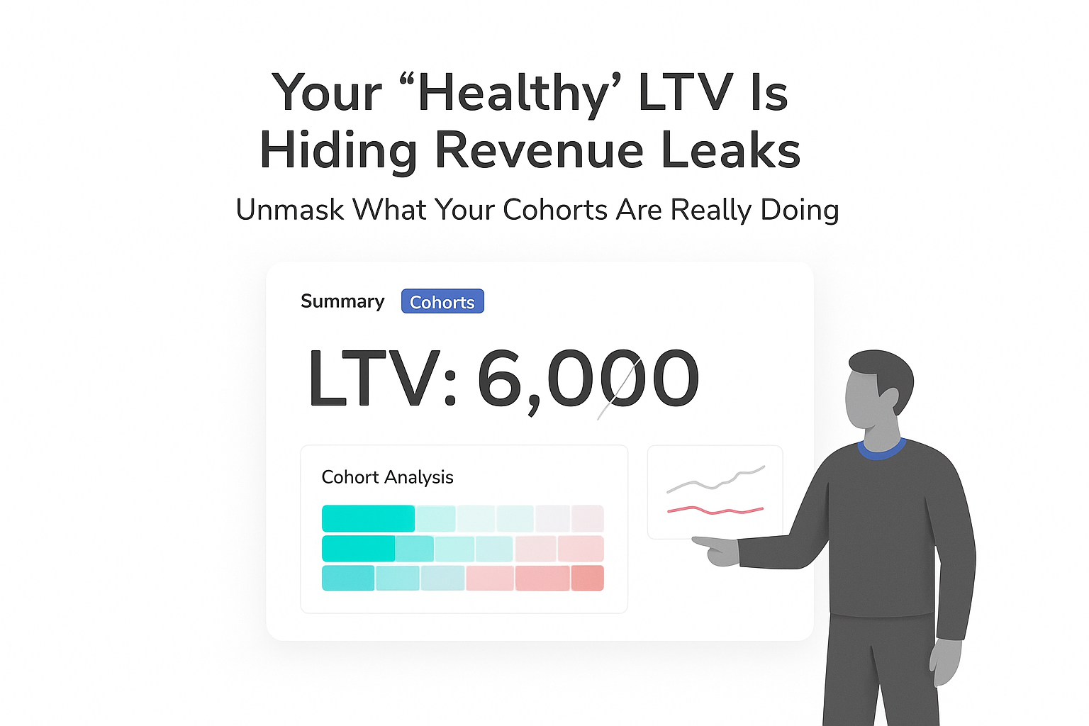 Minimalist analytics dashboard showing unreliable LTV 6000 cohort analysis revealing revenue leaks