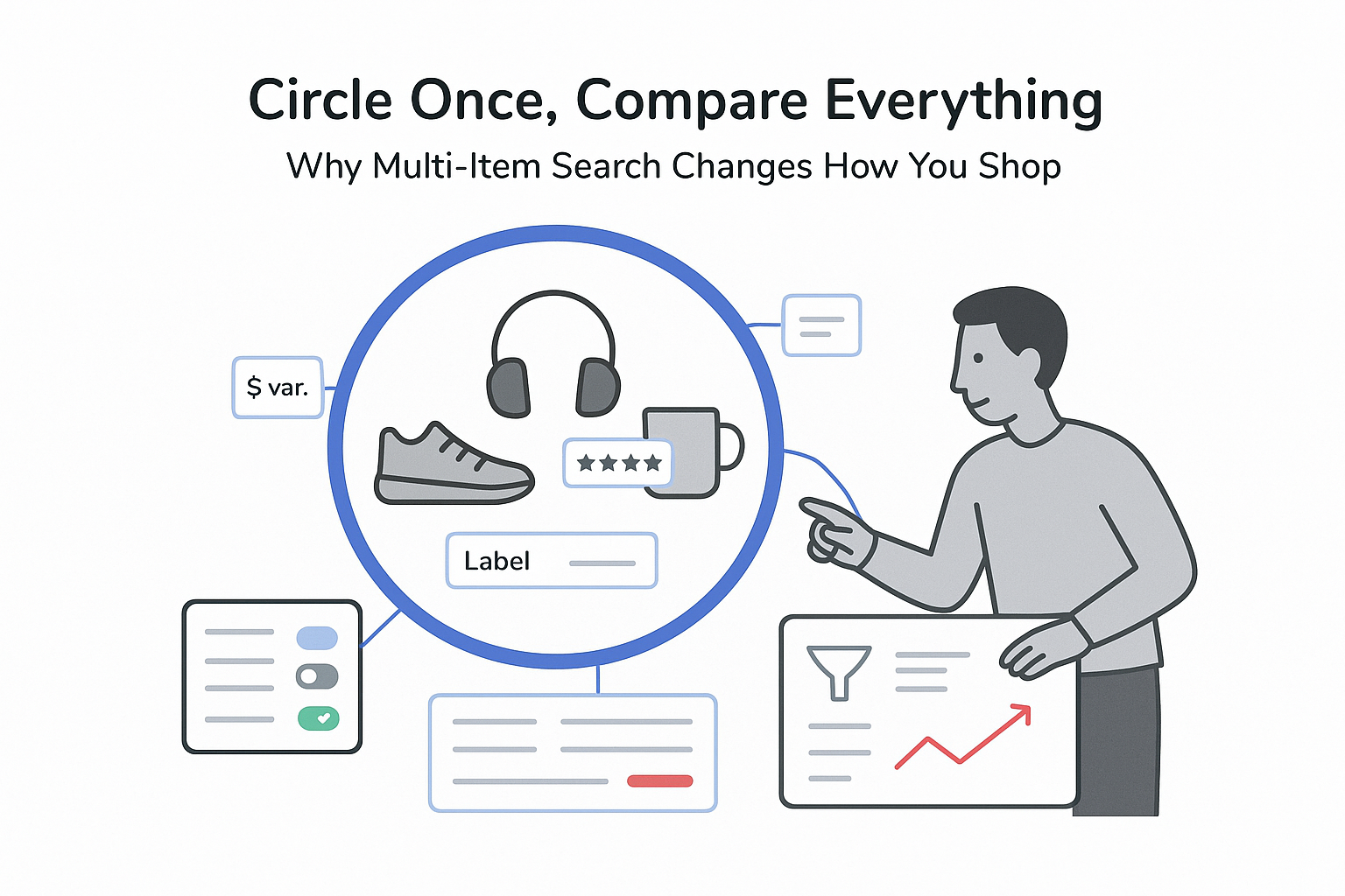 Minimalist tech illustration of multi item shopping search scan ring comparison panel and reviewer