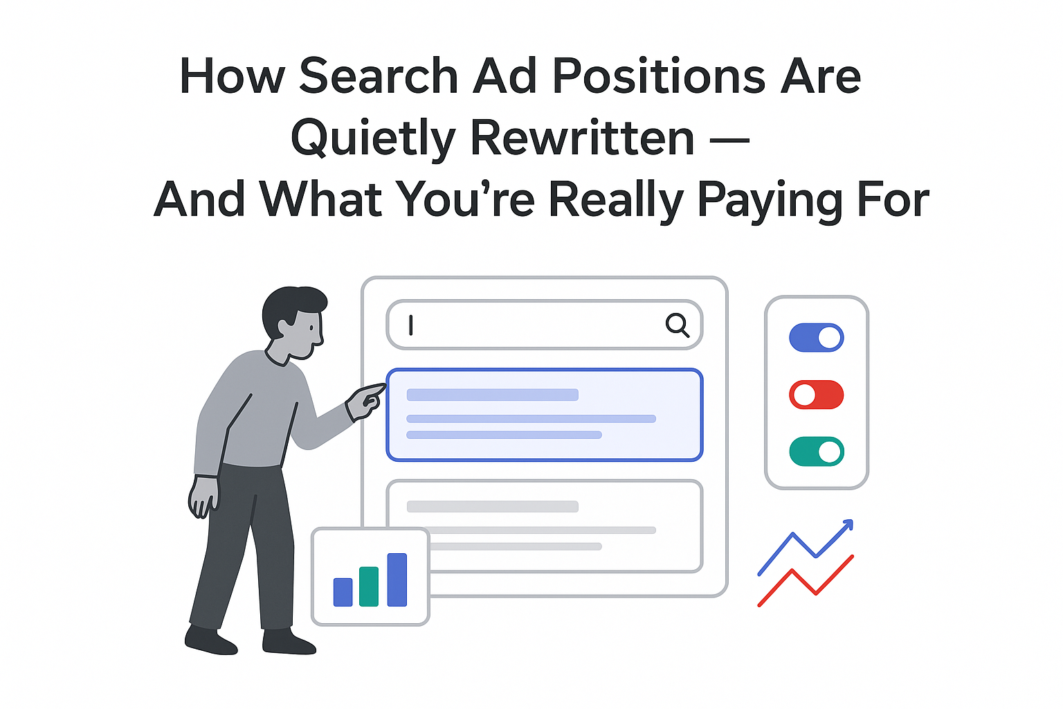 Minimalist search results panel with highlighted ad card toggles funnel chart and person pointing