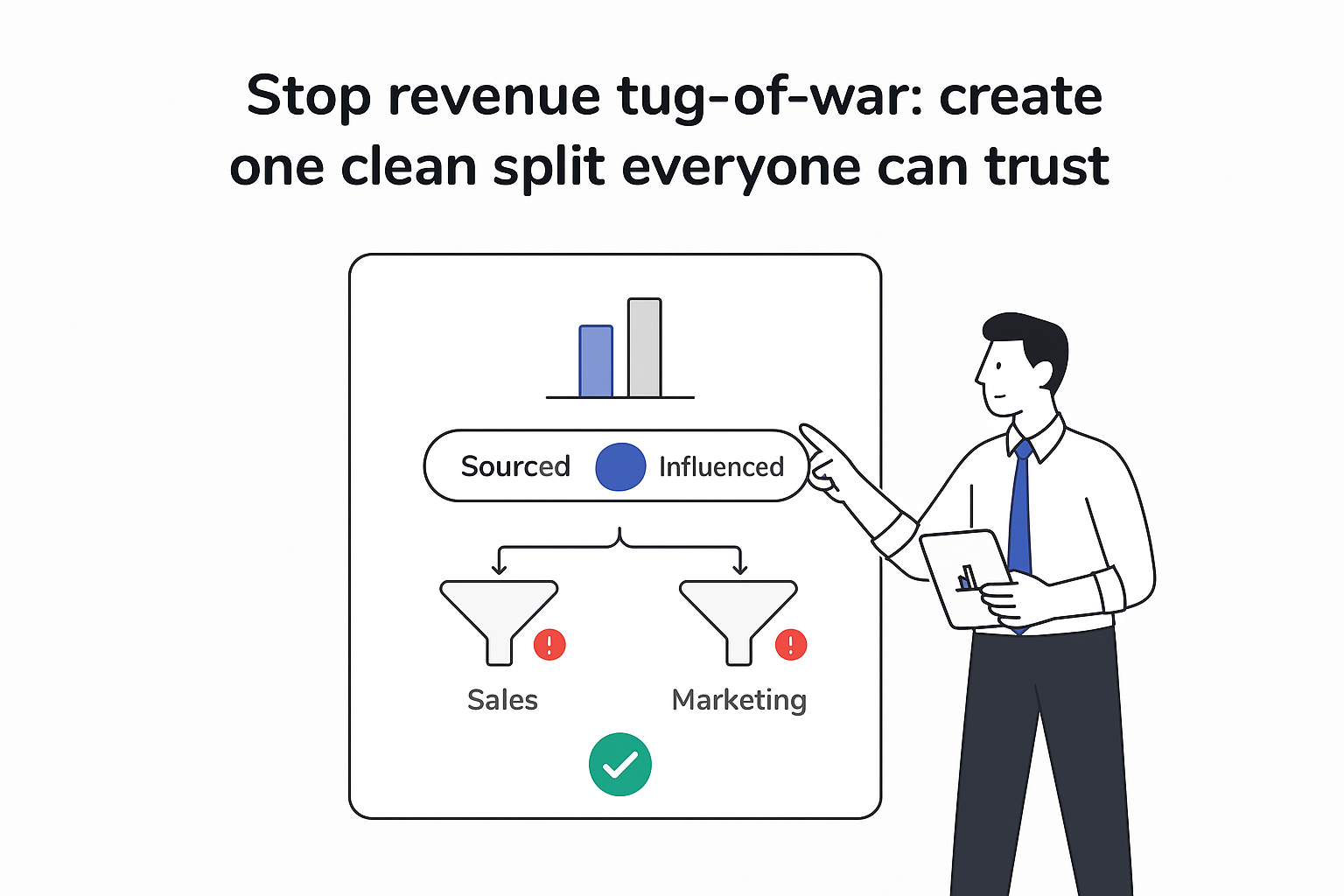 Minimalist analytics dashboard with sourced influenced toggle revenue bars sales marketing funnels person pointing tablet