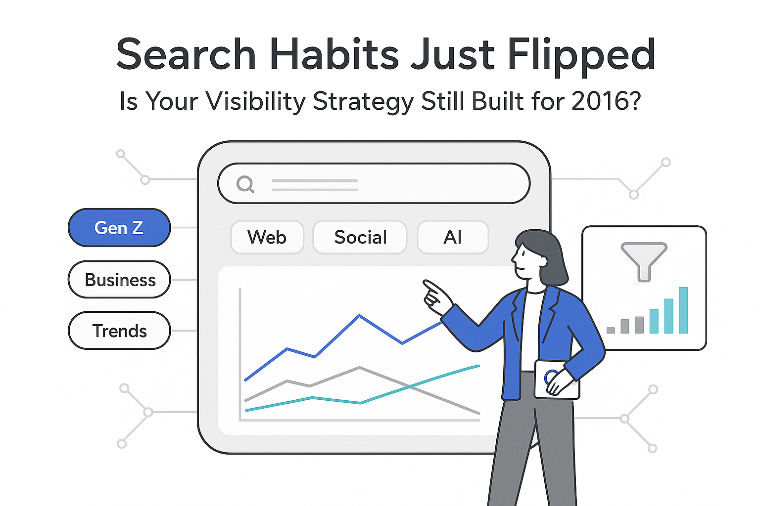 Minimalist tech illustration of search hub with Web Social AI tabs line charts person pointing