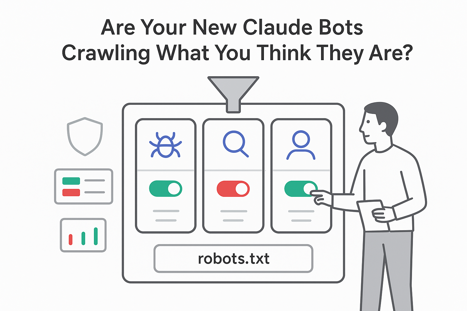 Minimalist robots txt console showing three crawler bot lanes with toggles and person reviewing report