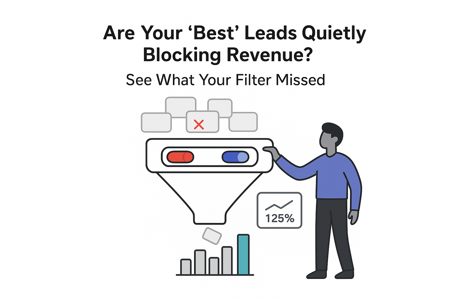 Minimalist sales funnel illustration with lead filter toggles qualified leads feeding revenue growth bar chart