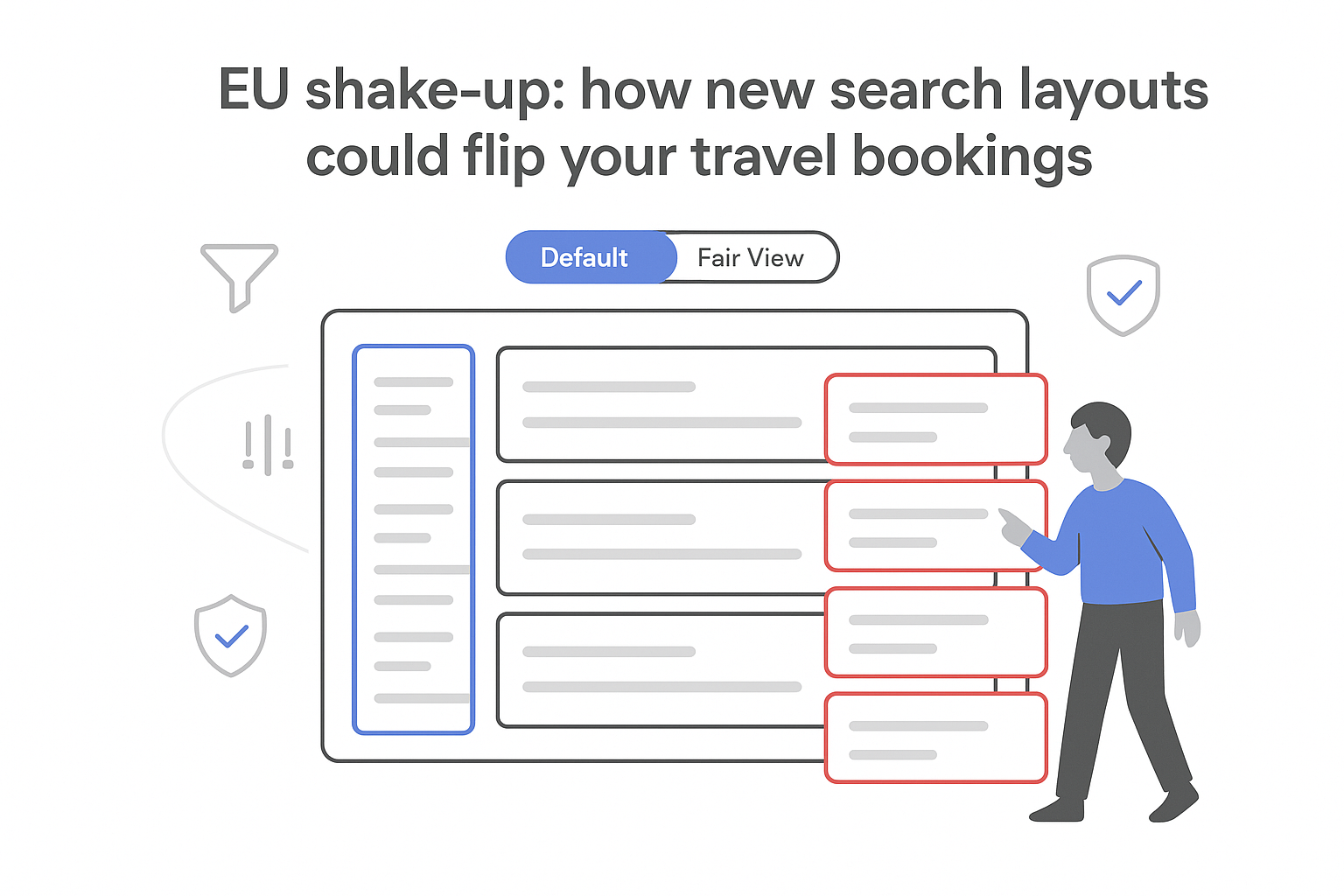 EU search layout changes illustration showing fair view toggle affecting travel bookings rankings