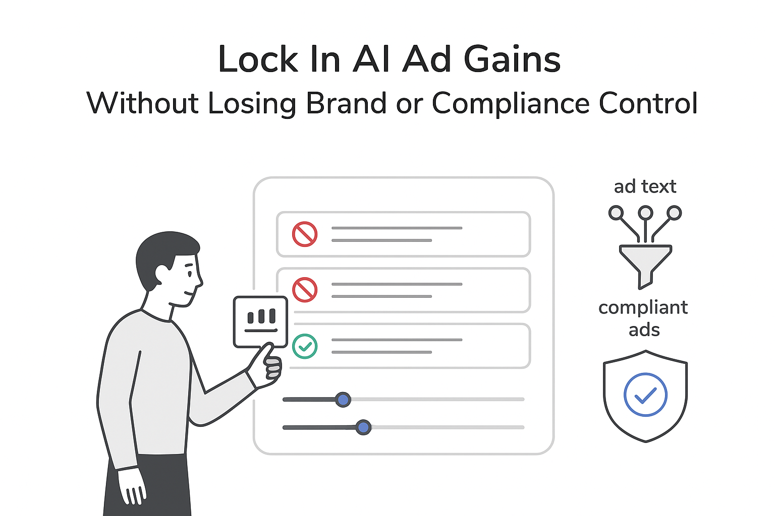 Minimalist AI ad control dashboard illustration showing toggles compliance shield funnel and character adjusting controls