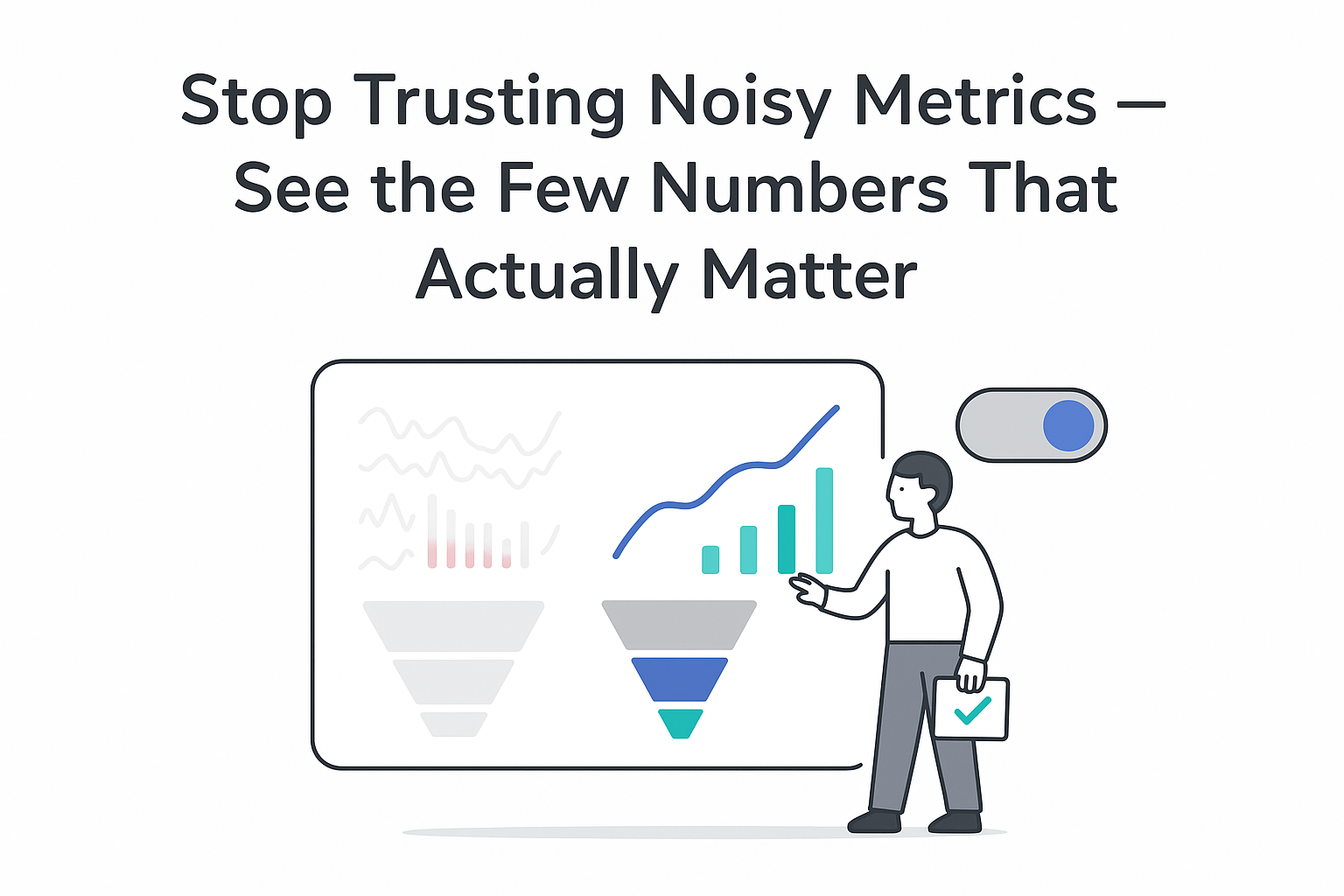Minimalist ecommerce insights dashboard with noisy metrics left clear revenue signal right human switching toggle